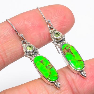 Natural Copper Turquoise,Peridot 925 Solid Sterling Silver Earring 1.75" R0j00