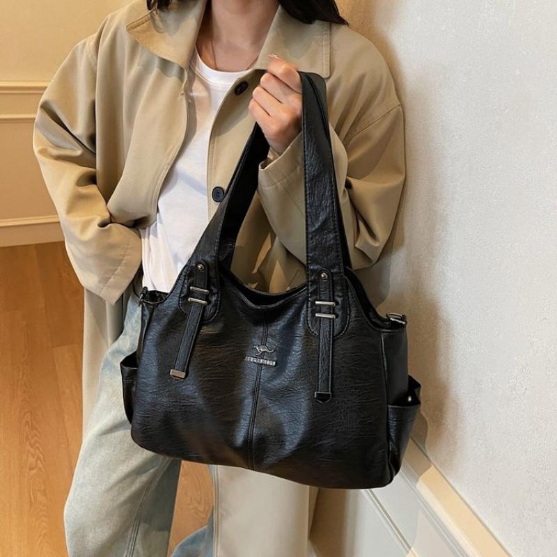 Women Retro Soft Leather Tote Bag Large Capacity Shoulder Handbag Vintage Multi-Pocket Work Shopping Crossdbody Bags