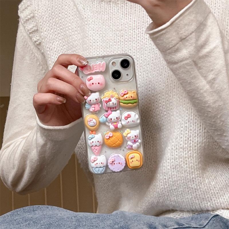 Cartoon three-dimensional Kt cat mobile phone case for Apple 17Promax cute Iphone16 burger 14 glitter Epoxy