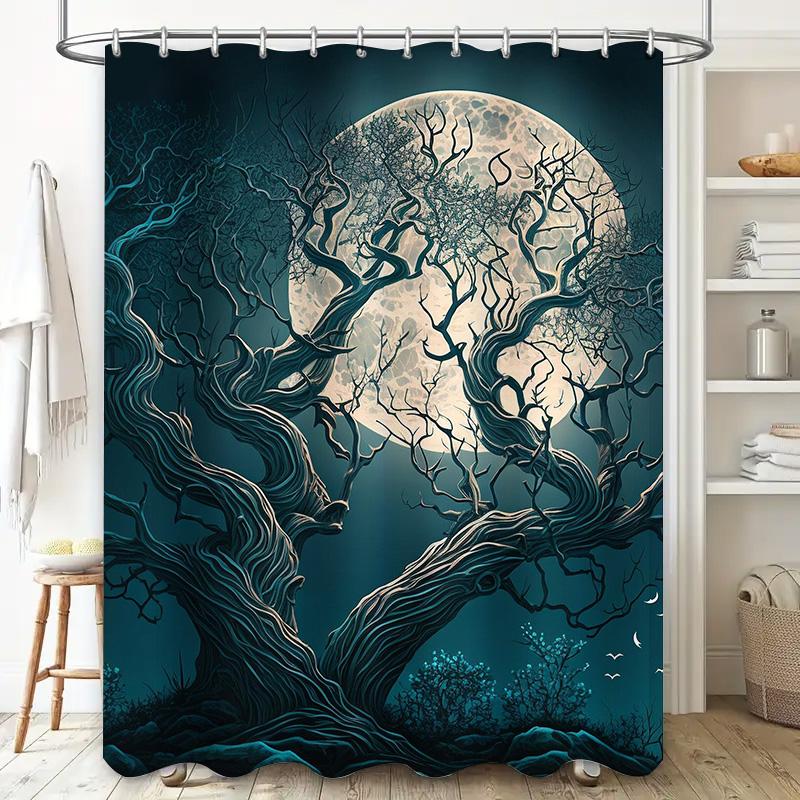 Tuniu Dark Moon Tree Night Forest Shower Curtain Bathroom Decor Unique Art Black Grey Design