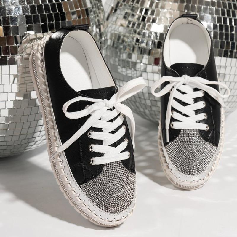 Fashion Fashion Car Stitch Colorblock Platform Single Shoes Fall New Round Toe Crystal Front Lace-Up Flat Sneakers