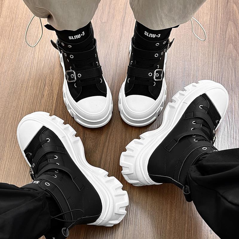Trend Unisex Women Men Black Motorcycle Boots Thick Soled Belt Buckle Lace Up High Top Sports Shoes Short Boots Lace Up