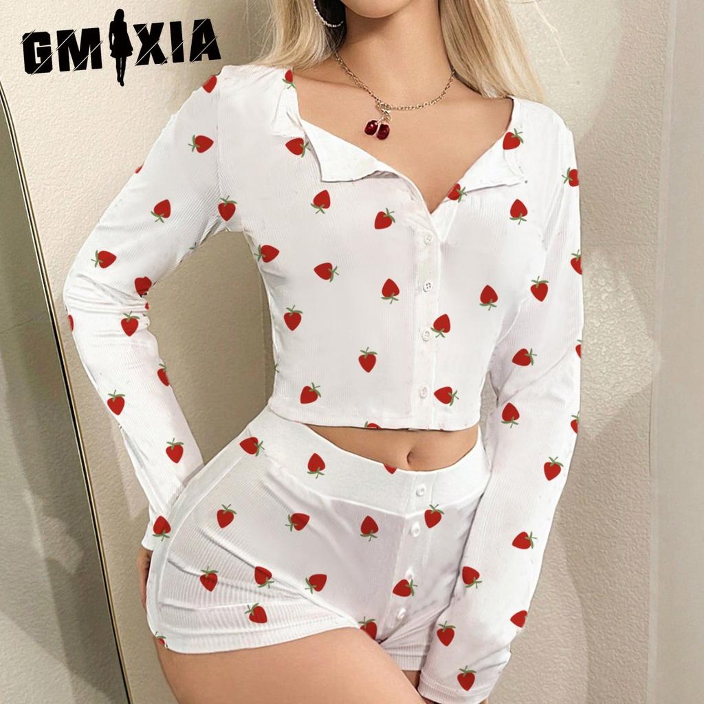 GMXIA Women's Homewear Sexy Casual Fashion Cardigan Button Long Sleeve Shorts Two-piece Pajamas