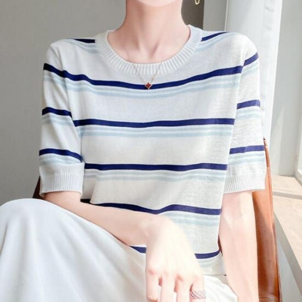 Navava Women Stripe Point Round Neck Short Sleeve Knit Nk3036