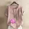 Women's Fashion Round Neck Short Sleeve T-shirt Casual Cotton Linen Graphic Shirt Flower Prined Summer Blouse Tops