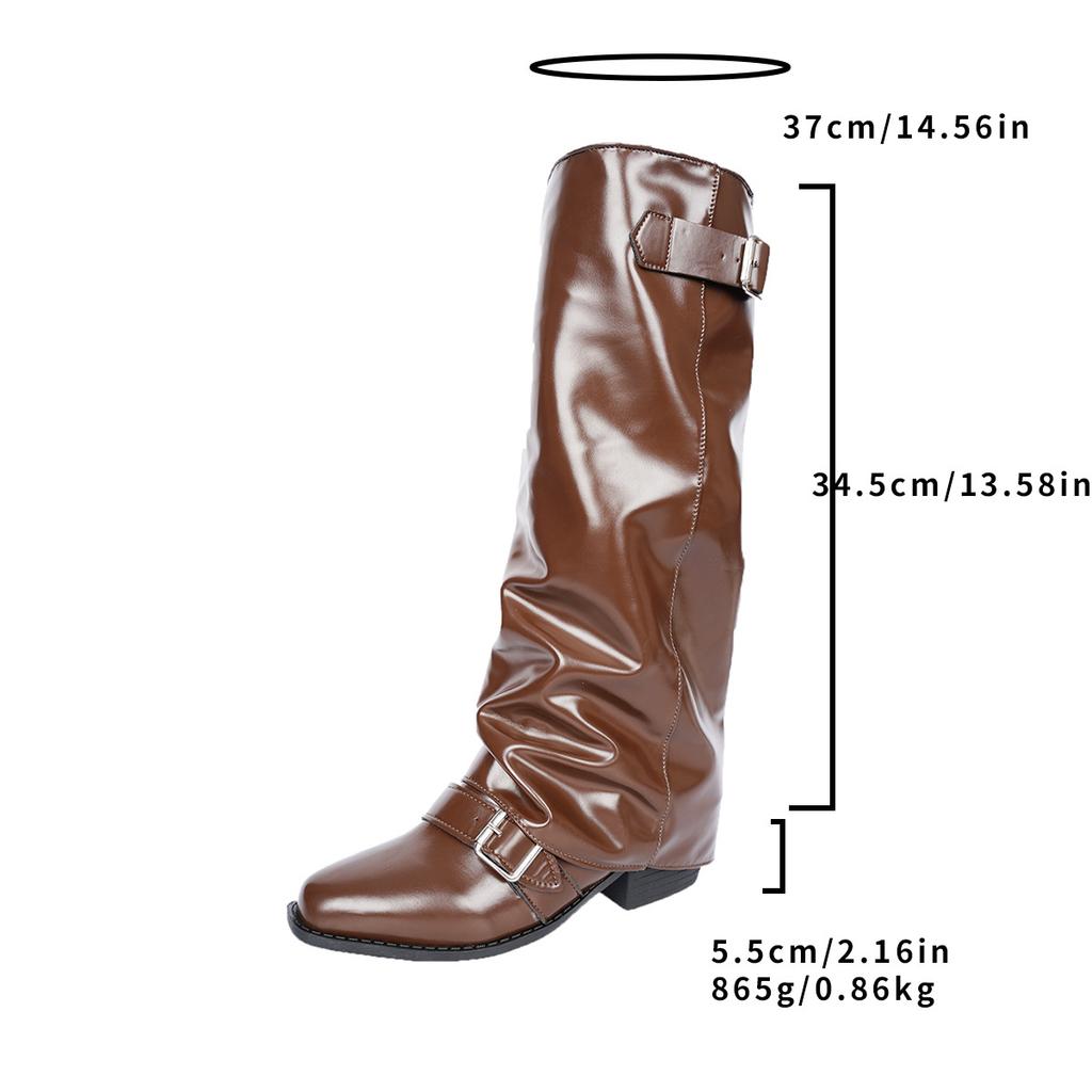 Pleated Belt Buckle Size 36-43 Brown Long Boots Women Chunky Heel British Style Slouchy High Heel Knee-High Boots Botas Mujer