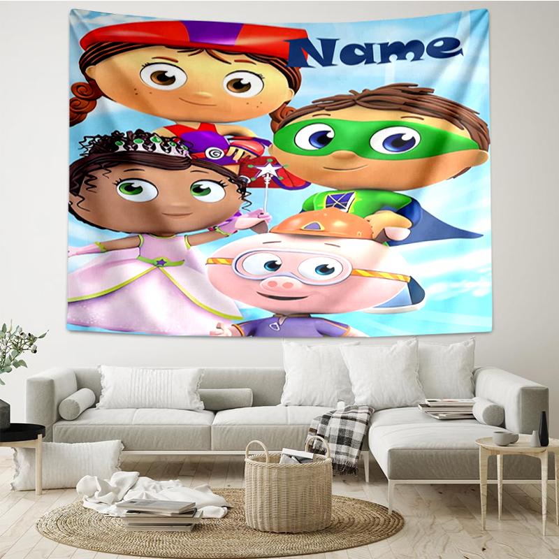 Custom Name Super Why Print Tapestry, Backdrop, Easy Setup, Ideal for Bedroom, Office & Living Room, with Aesthetic Wall Hanging Decor.
