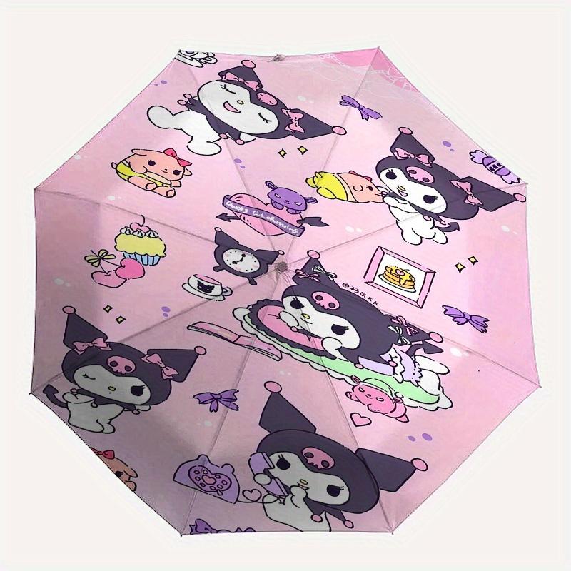 Kuromi Automatic Folding Umbrella-Simple 8-Rib Design, Bright Cartoon Pattern, Durable Iron Frame, Suitable For Travel, Outdoor, Beach-Cute