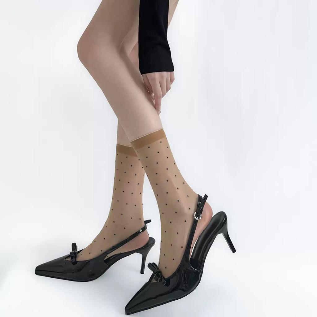 Polka Dot Black Calf Socks Women'S Ultra-Thin French Long Tube Jk Stockings Anti-Hook Horse Oil Elastic And Thin Skin Socks