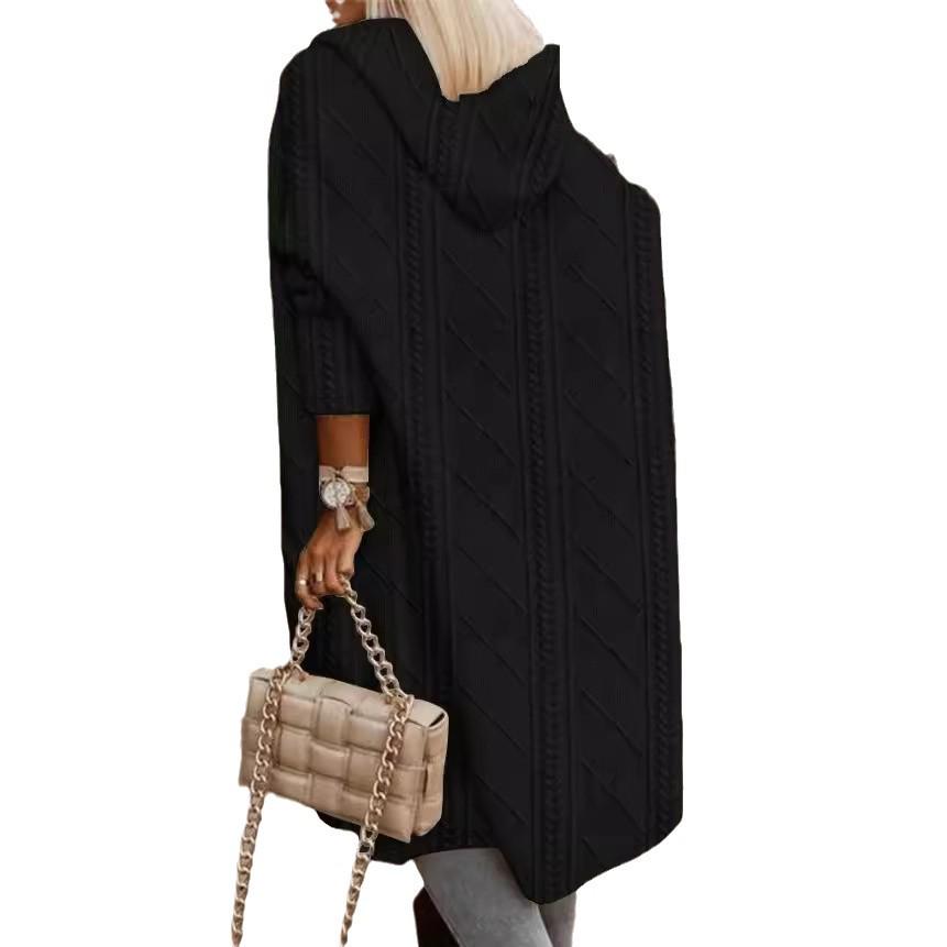 2024 Autumn/Winter Women's Hooded Cable Knit Long Trench Coat with Pockets