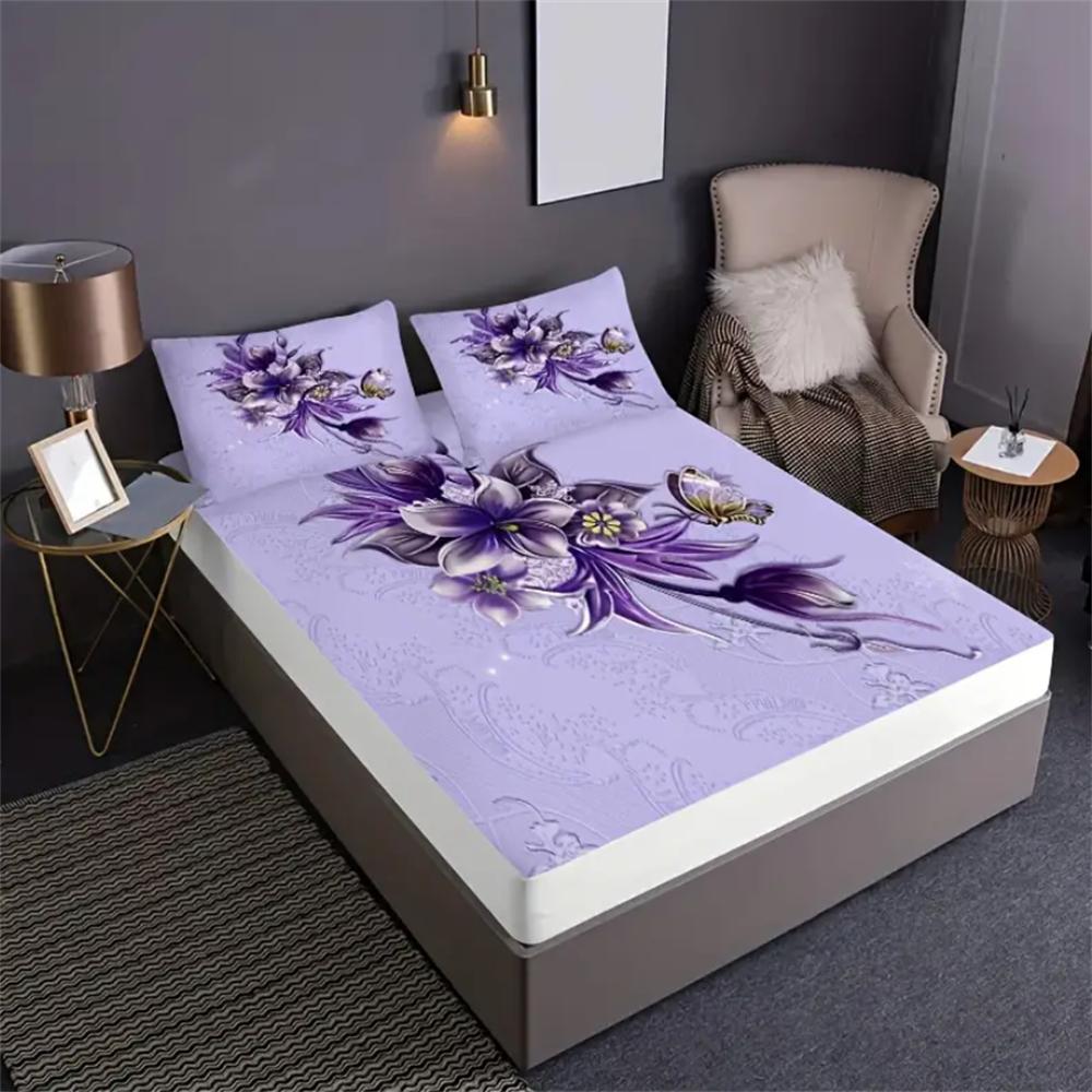 2/3pcs Elegant Butterfly Petal Flower Fitted Sheet Set - 100% Polyester, Soft, Breathable, Hypoallergenic, and Wrinkle-Resistant