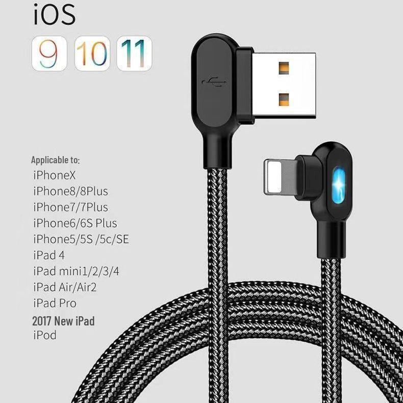 Dual Elbow Nylon Braided Fast Charging Cable for Apple, Android, Type-C with LED Light
