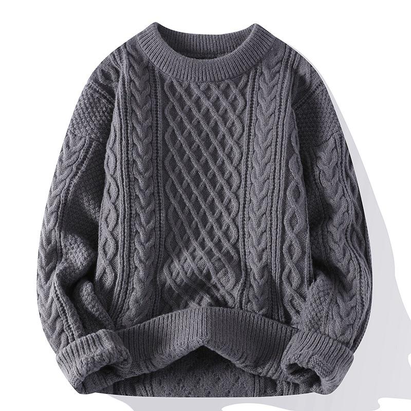 Men's Solid Color Cable Knit Sweater - Casual Mature Style, Round Neck Pullover, Autumn/Winter Collection