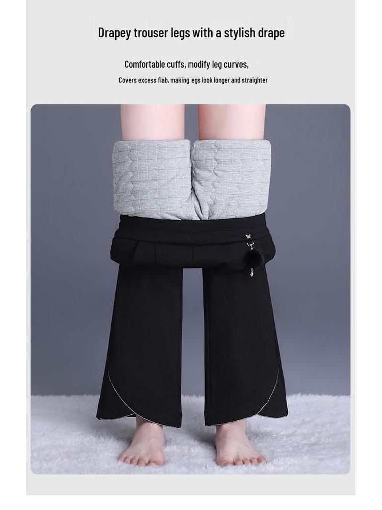 Women's Black Silk Cotton High-Waist Winter Pants - Slimming, Warm, Thickened, Korean-Style, Versatile, Stylish, Slightly Flared.