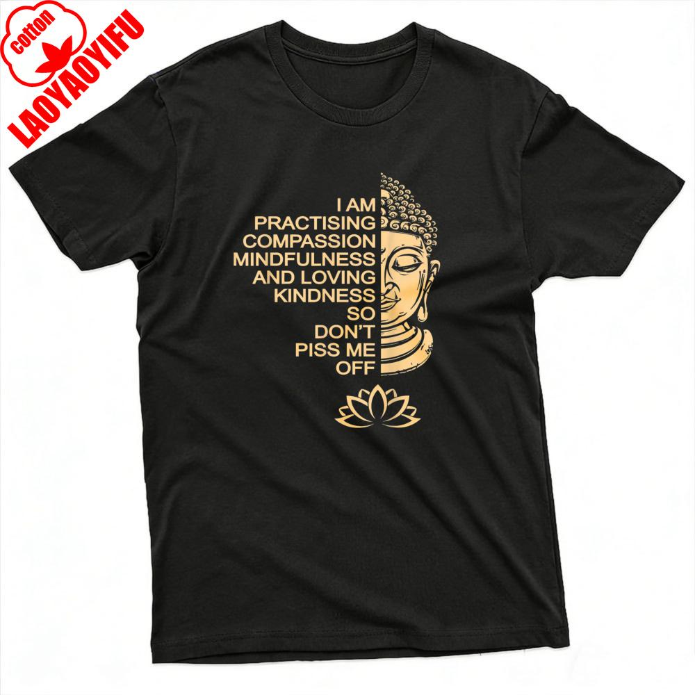 

Buddha Head and Lotus with Compassion Mindfulness Text Summer Men TShirt Casual Streetwear Style for Daily Wear Unique Shirt S
