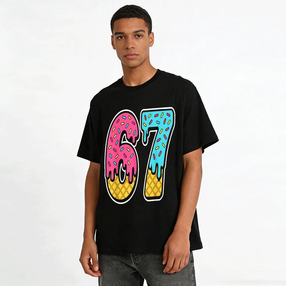 Cute Ice Cream Number 67 Graphic Print Casual Short Sleeve Top Pure Cotton T-shirt