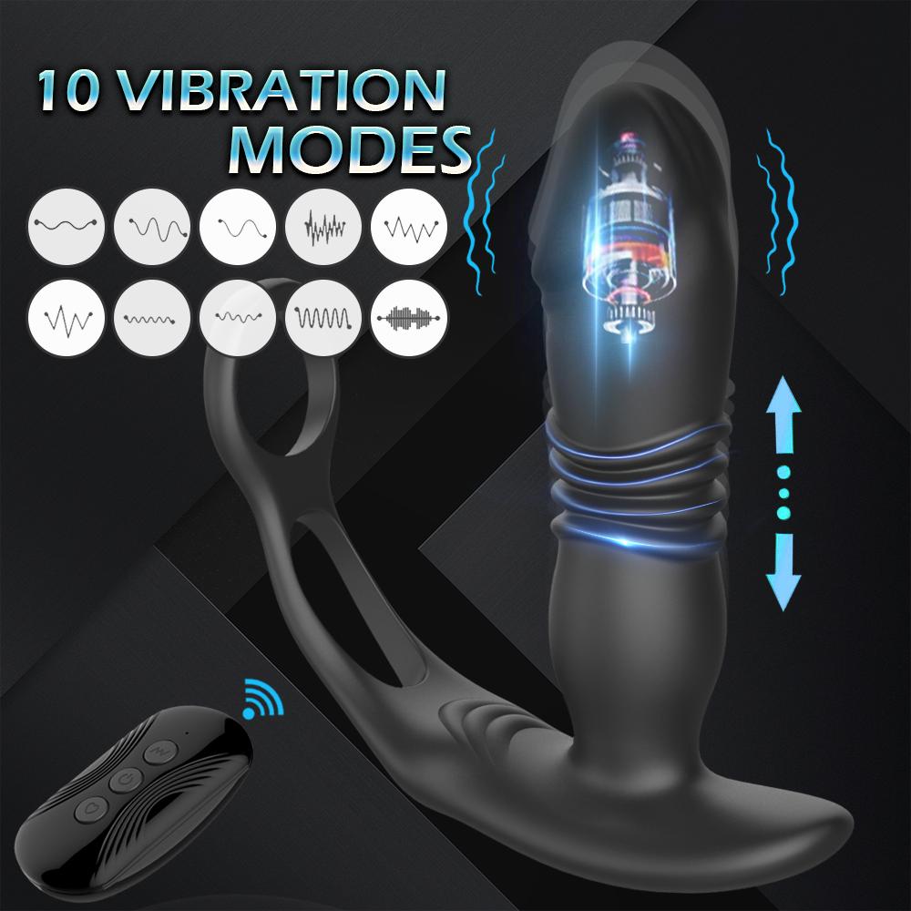 3 in 1 Thrusting Anal Vibrator Remote Control Dildo Prostate Stimulator Massager Delay Ejaculation Cock Ring Sex Toy for Men Anal Plug with Telescopic