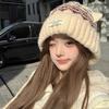 Thickened Cat Ear Knitted Hat Fair Isle Fluffy Knit Cap Vintage Unisex Warm Hat For Women