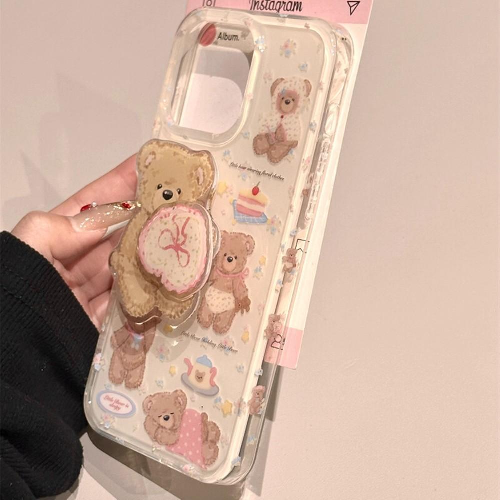 Korean High-end Floral Five Plush Brown Bear Stand for Apple 17 Phone Case for IPhone 16 Promax