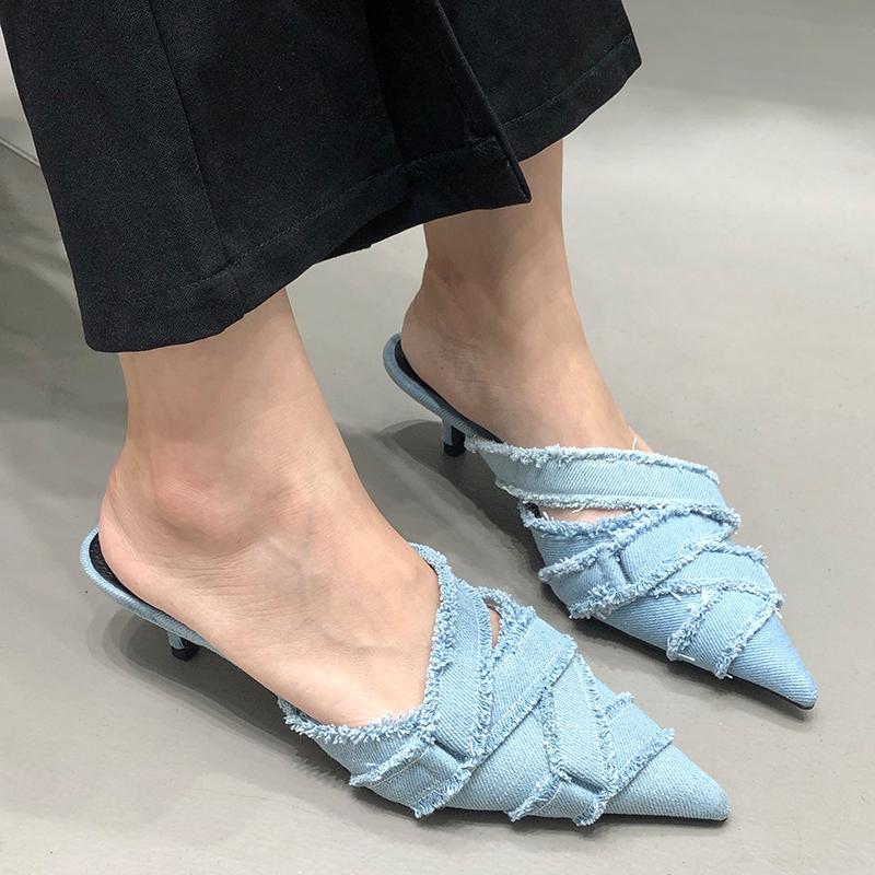 Fashion Medium Heel Shoes For Ladies 2025 Designer Fashion Denim Female Pointed Toe Pumps Heels Mules Slides Elegant Women Shoes