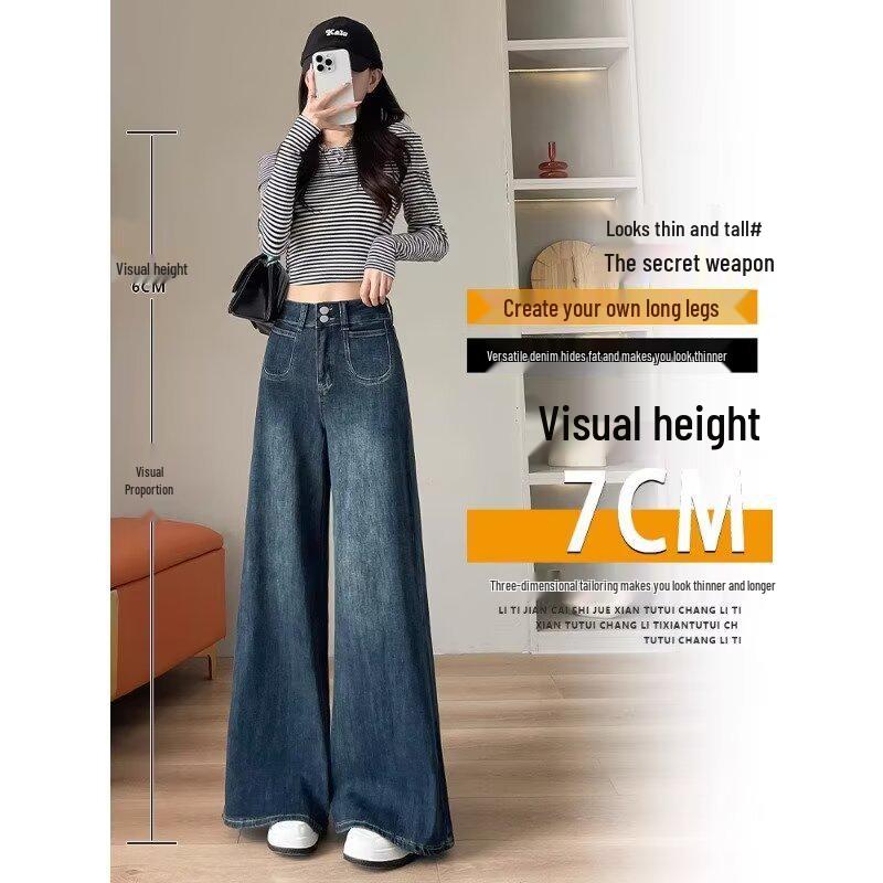 

Ностальгические джинсы микро-клеш в стиле ретро: Женские брюки с высокой посадкой, стройнящие, свободные с широкими штанинами для осени 2024 4XL синий