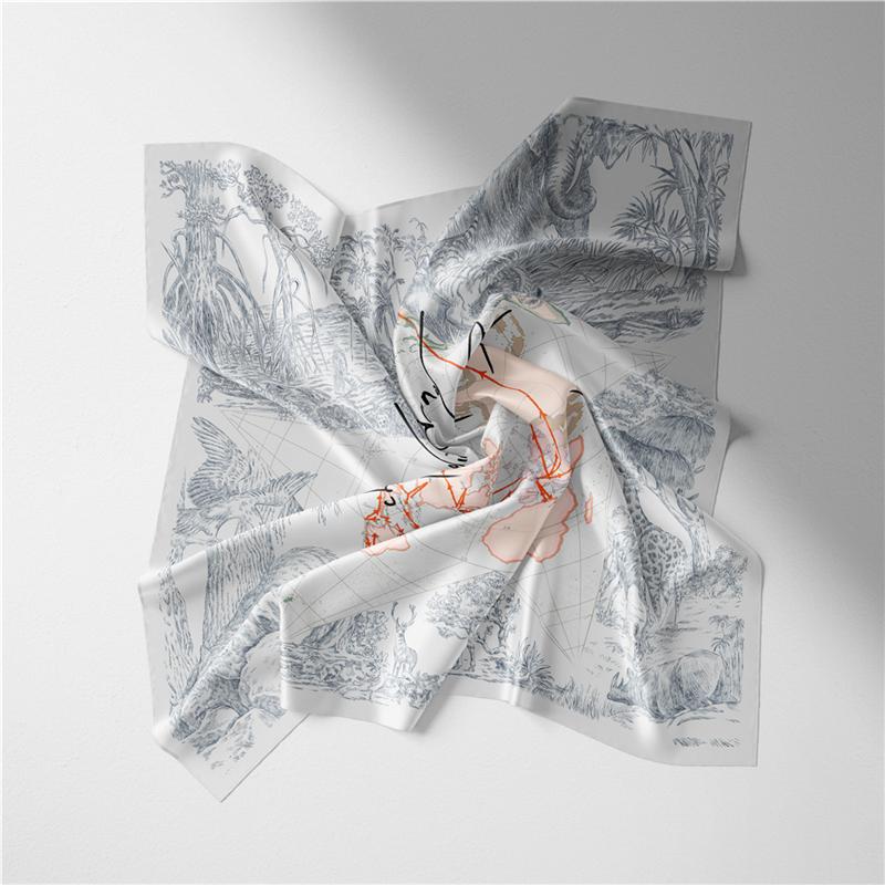 Twill Silk Scarf Woman Animals Print Square Scarves Wraps Bandana Small Hijab Silk Foulards Lady Tie Headband Neckerchief 53CM