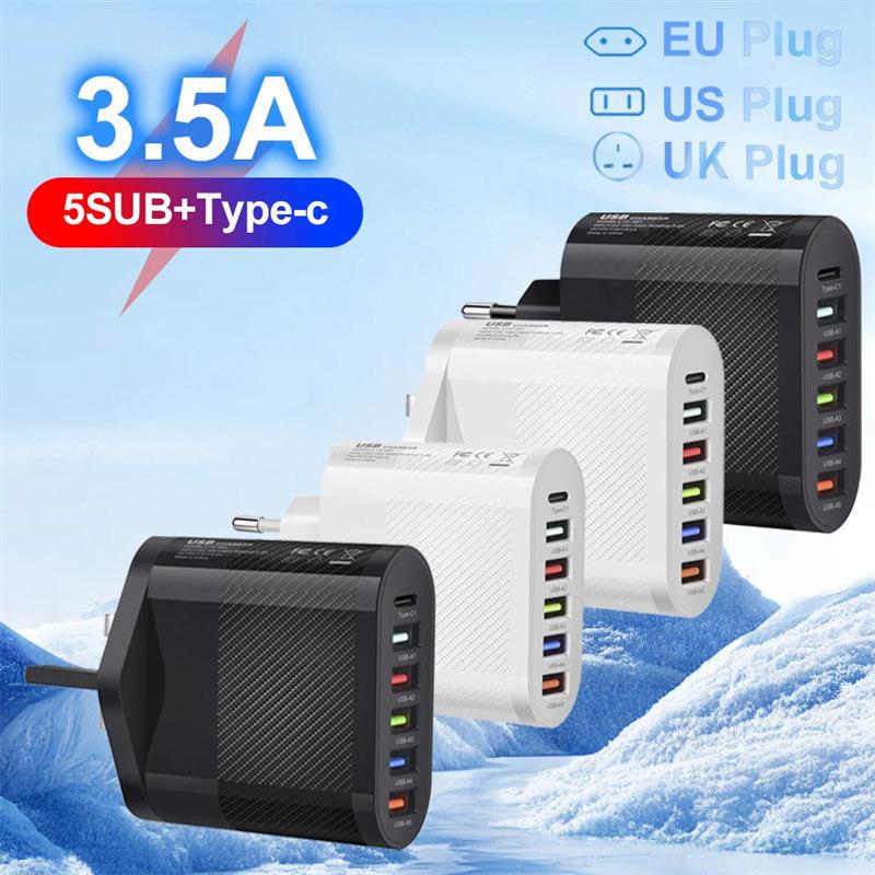 6 Ports USB Type C Charger PD Fast Charging Adapter Quick Charge3.0 For iPhone Samsung Xiaomi Huawei Phone Wall Charger Plug