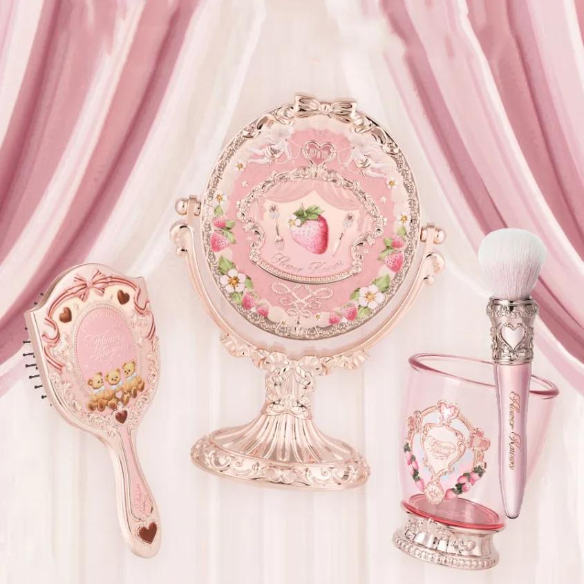 Flower Knows 9th Anniversary 4 Pcs Makeup Set Desktop Vanity Mirror Paddle Brush Air Cushion Comb Brush Holder Blush Brush