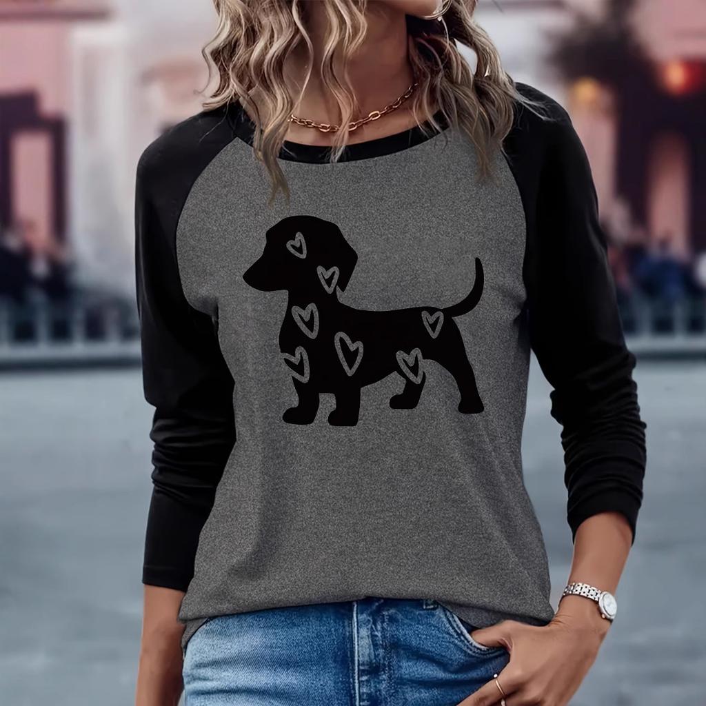 Top s kulatým výstřihem a 3D vzorem psa s nápisem Love - Ležérní dámské tričko s dlouhým rukávem - Měkká středně pružná polyesterová tkanina Jarní a podzimní oblečení volného střihu
