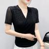 Streetwear Girl Summer Chic Beading Clothes Mesh T-Shirts Sexy V-neck Women's Tops New Casual Short Sleeve Tees