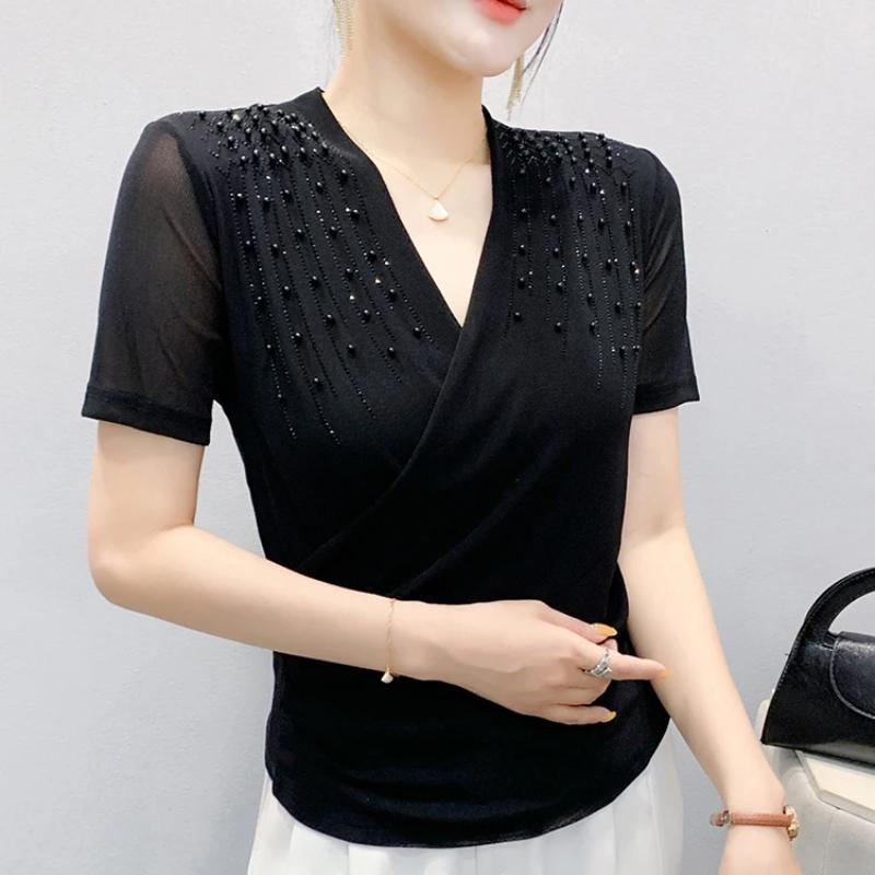 Streetwear Girl Summer Chic Beading Clothes Mesh T-Shirts Sexy V-neck Women's Tops New Casual Short Sleeve Tees
