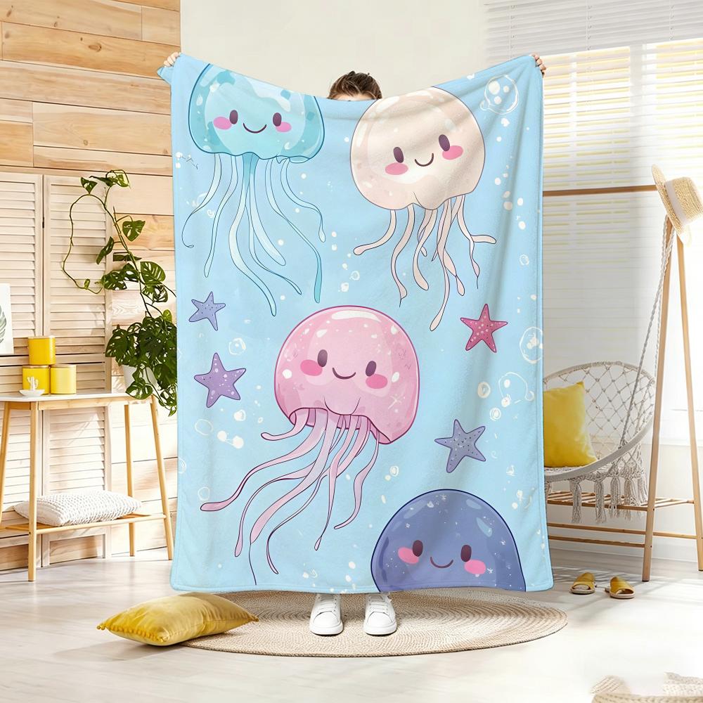 Pastel Underwater Cute Jellyfish Throw Lightweight 240g Flannel Blanket Soft Skin-friendly for Summer Cooling 75x90cm