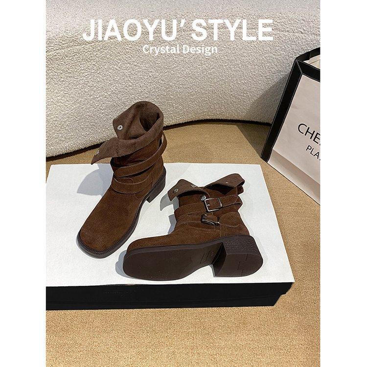 

Cowhide version! Retro thick heel folded two wear Maillard boots women 2025 new thin thick-soled medium boots autumn 40 коричневый