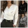 Women's Satin V-Neck Wrap Blouse with Side Buttons Elegant Long Sleeve Shirt