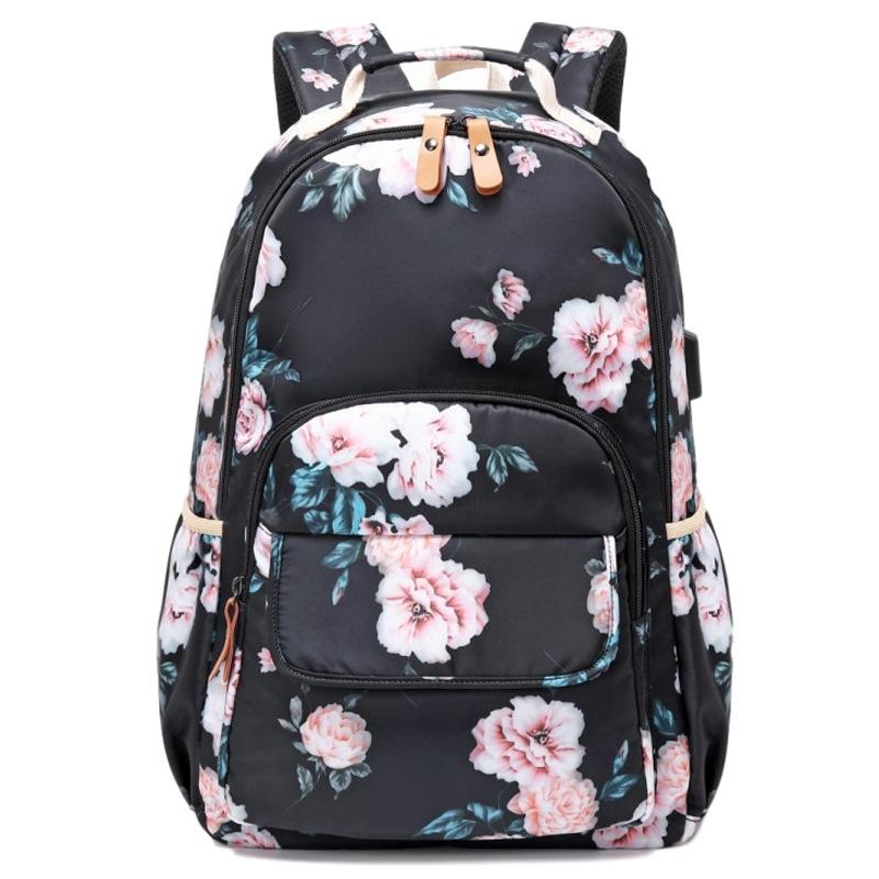 

Новый школьный рюкзак для ноутбука для женщин и девушек, рюкзак с цветочным принтом для колледжа, с USB-портом, водонепроницаемый, большой вместимости, дорожные сумки чёрный