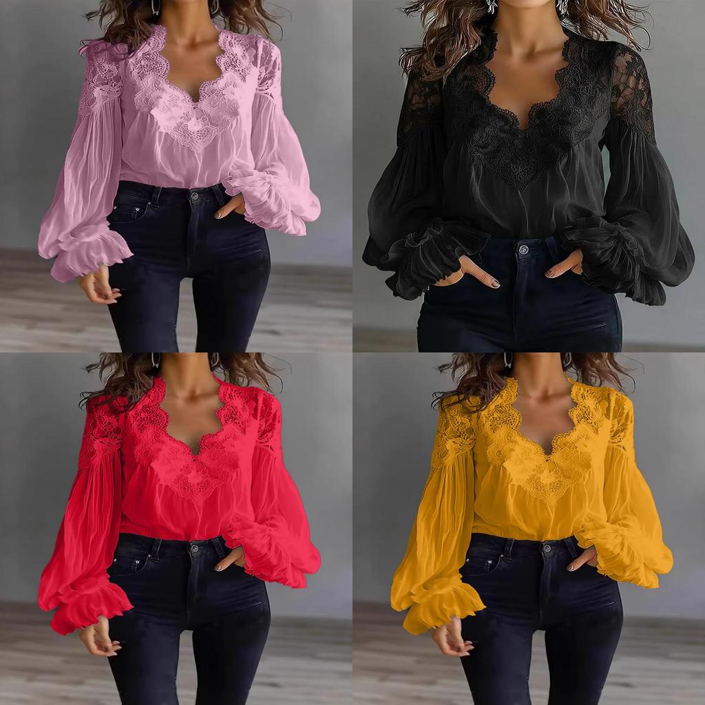 Elegante Spitzen-Patch-Bluse mit Puffärmeln und Falten-Design für Büro und Freizeit