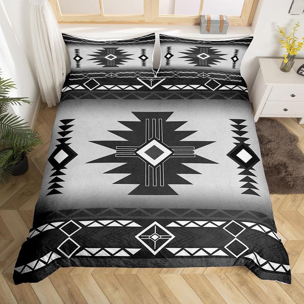 Geometric Aztec Duvet Cover Twin Queen Size,Horseshoe Cactus Western Cowboy Bedding Set,Southwest Rustic Farmhouse Quilt Cover
