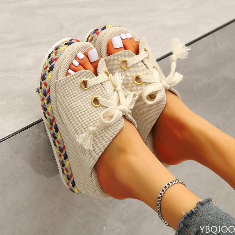 Women Summer Shoes 2026 Summer Lace Up Height Increase Wedge Slippers Women Plus Size Closed Toe Straw Platform Sandals Woman