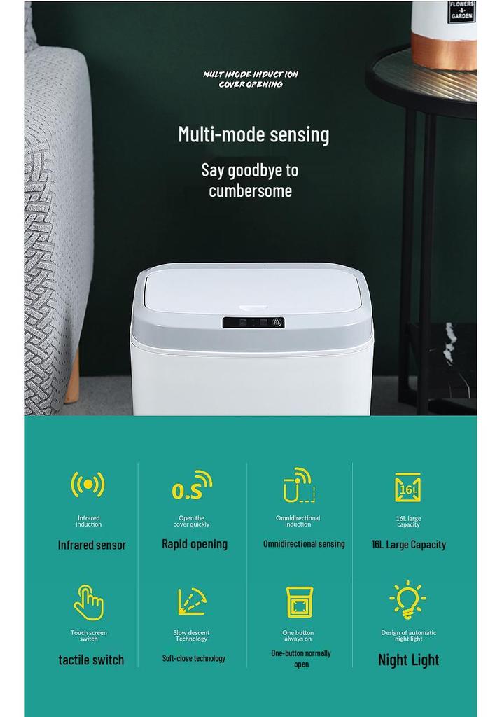 16L Smart Sensor Trash Can with Automatic Lid for Kitchen, Living Room, Bedroom, or Bathroom