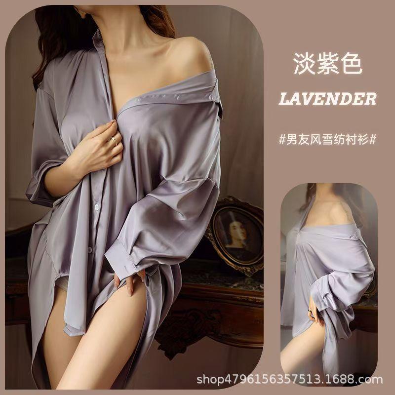 New Spring/Summer Shirts White Sleepwear Loose-Fit Mid-Length Cardigan-Style Long-Sleeve Shirts