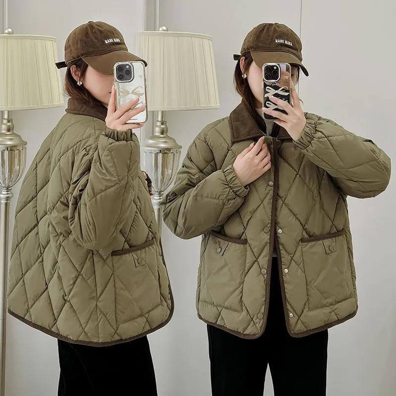 Women's Tweed Cotton Coat PU Leather Surface Versatile Loose Fit Color Autumn Winter Jacket