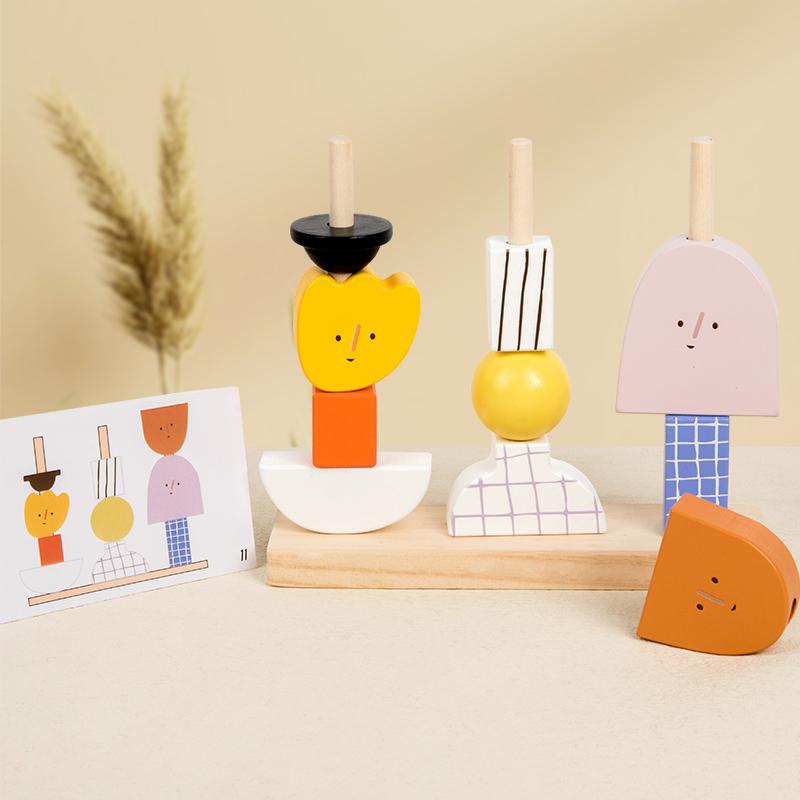 

Montessori 3D Wooden Creative Character Bead Blocks Toys Set Shape Matching Puzzle Game Early Educational Toys Gift For Children