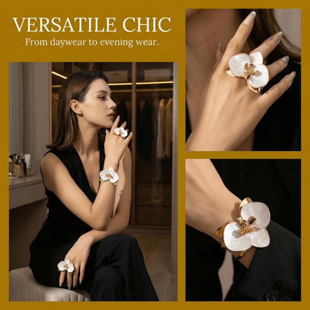 Exaggerated Flower Bracelet Bohemian Open Floral Arm Cuff Flower Bracelet Ring Set  Gatherings