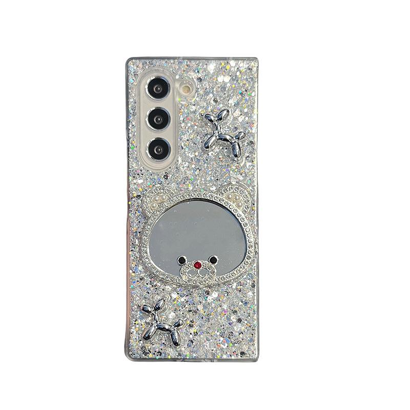 Rhinestone Love Bear Mirror Mobile Phone Case For Samsung Zflip6 Clamshell Folding Screen Zfold5 Sequin Female
