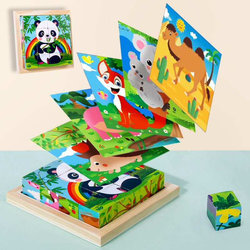 Šest stran malované dřevěné puzzle Trojrozměrné puzzle s dopravními zvířaty Stavební bloky Vzdělávací hračka pro rané vzdělávání