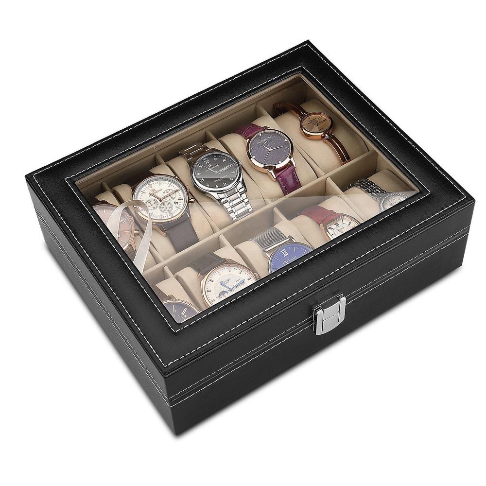 10-bit PU Leather Gray Flannelette Watch Case Box Organizer with Soft Pillow for Men Women Jewelry Display Storage Box Best Gift