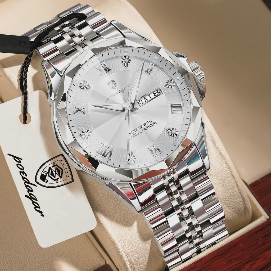 POEDAGAR Luxury Fashion Man Clock Top Business Waterproof Luminous Date Week Men's Watches Quartz Stainless Steel Wristwatch