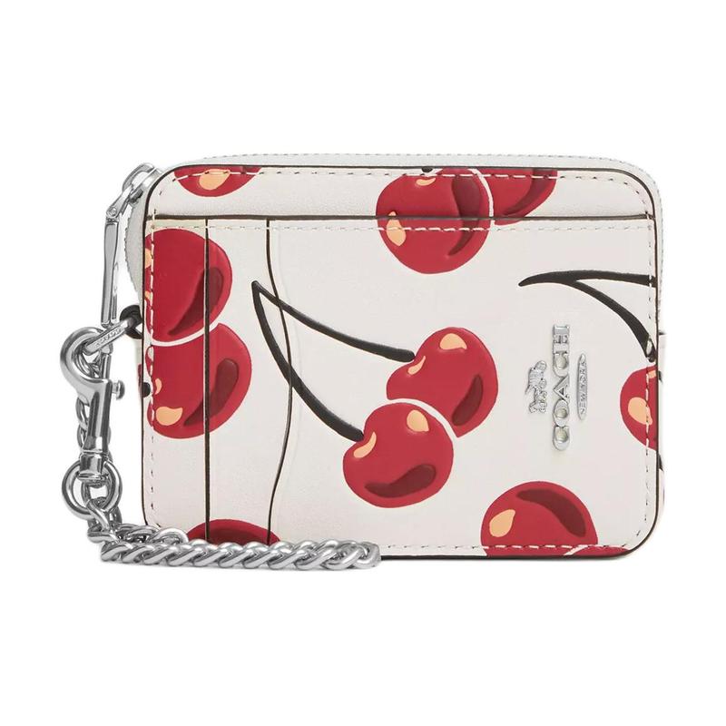 COACH 11 cherry print zipper closure smooth leather card holder mini women s silver and chalk multicolor Silver and chalk multicolor серебряный