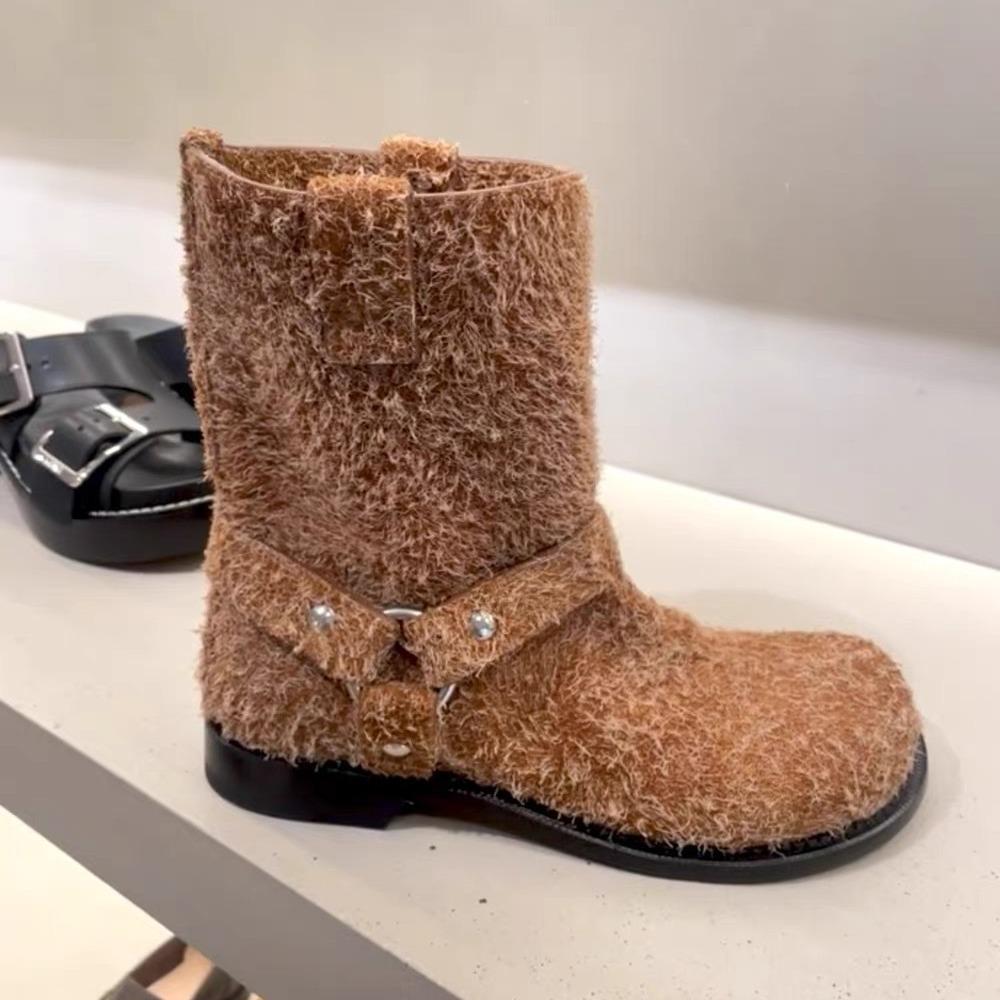 

Axige Boots Ankle Boots Autumn and Winter Frosted Velvet Cow Anti-Velvet Brown Short Boots Flat Bottom Short Barrel Women 40 хаки