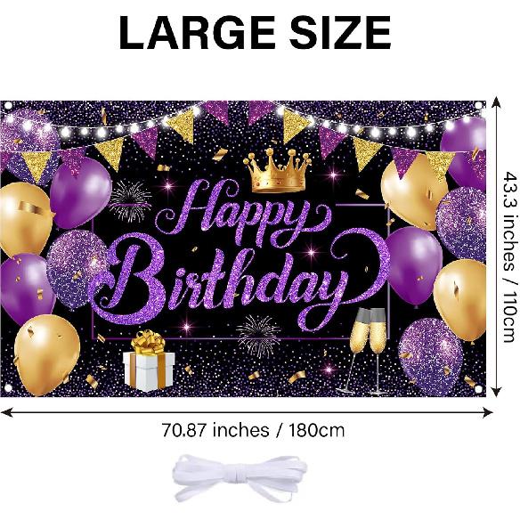 Purple Gold Birthday Banner Happy Birthay Party Decorations for Women, Large Happy Birthday Backdrop Banner Sign, Black Purple Birthday Party Decor